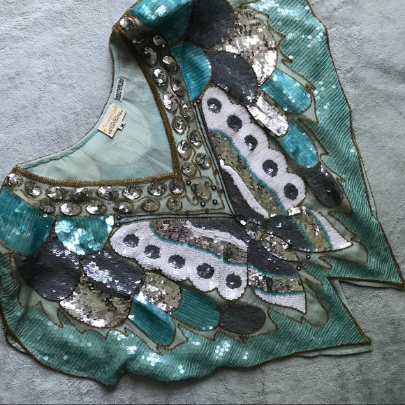 Vintage Tops - VTG 70s Dominique Silk Butterfly Beaded Disco Top